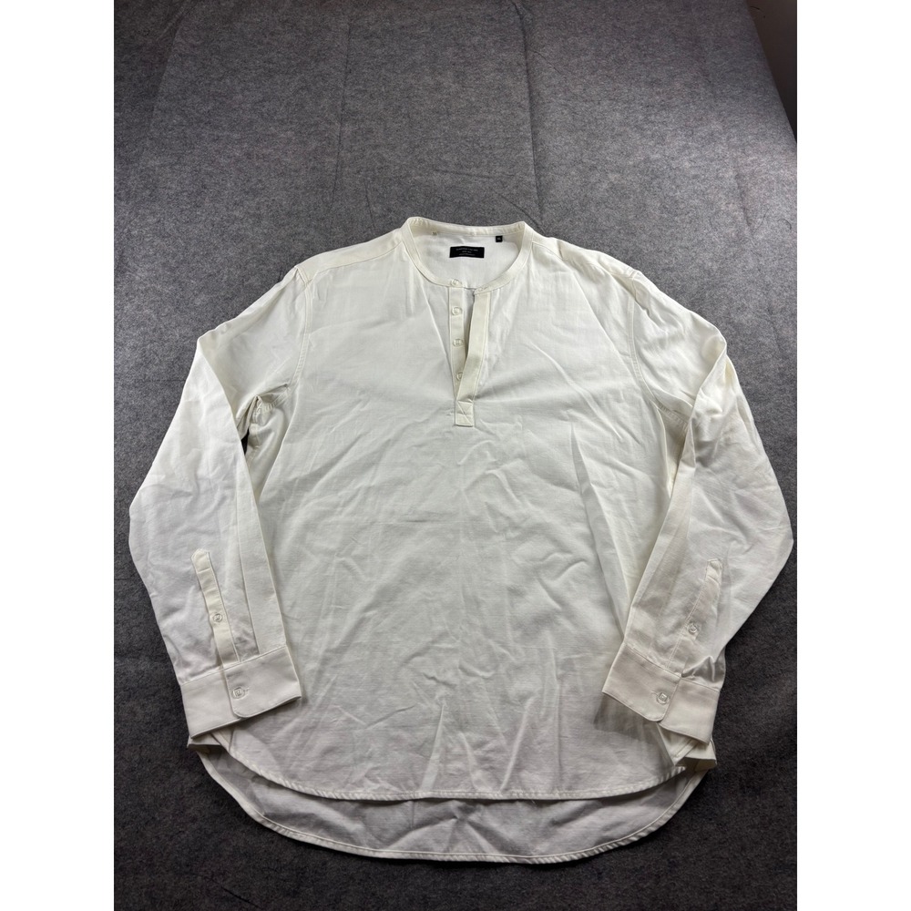 7Diamonds Mens White Henley Shirt Long Sleeve Band Collar Cotton Blend XL